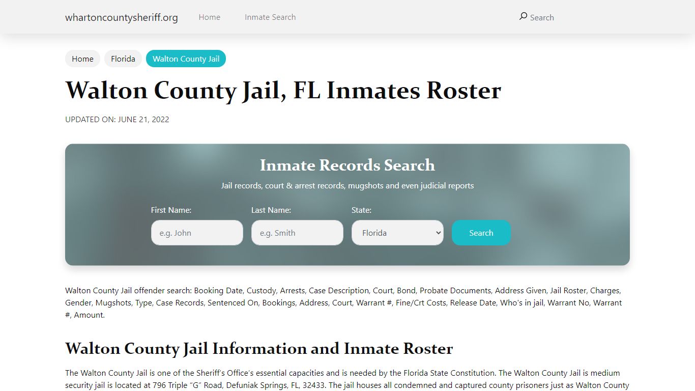 Walton County Jail, FL Jail Roster, Name Search